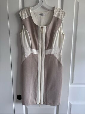 Sandra Darren Taupe and White Zip-Front Colorblock Midi Dress